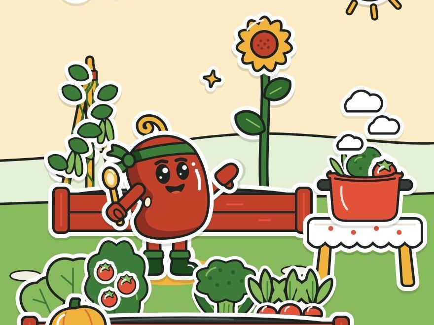 Bean, the site's red kidney bean mascot, waving a wooden spoon in a vegetable garden with broccoli, tomatoes, a pumpkin and a pot of greens.